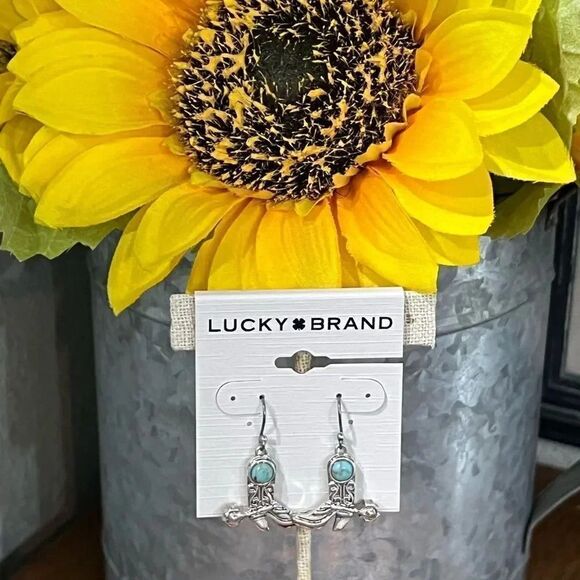 NWT Lucky Brand Silver & Turquoise Cowboy Boot Drop Earrings #LBER2 - Picture 1 of 7